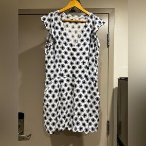 Loft White and Blue Starburst Linen Tie Waist Flutter Sleeve Romper Jumpsuit